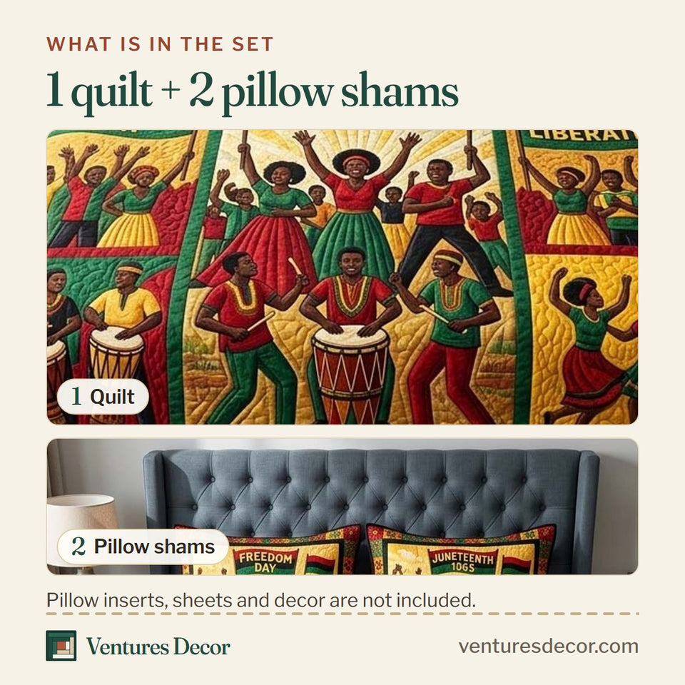 What is in the set: one quilt and two pillow shams, shown in the Liberation Rhythm design