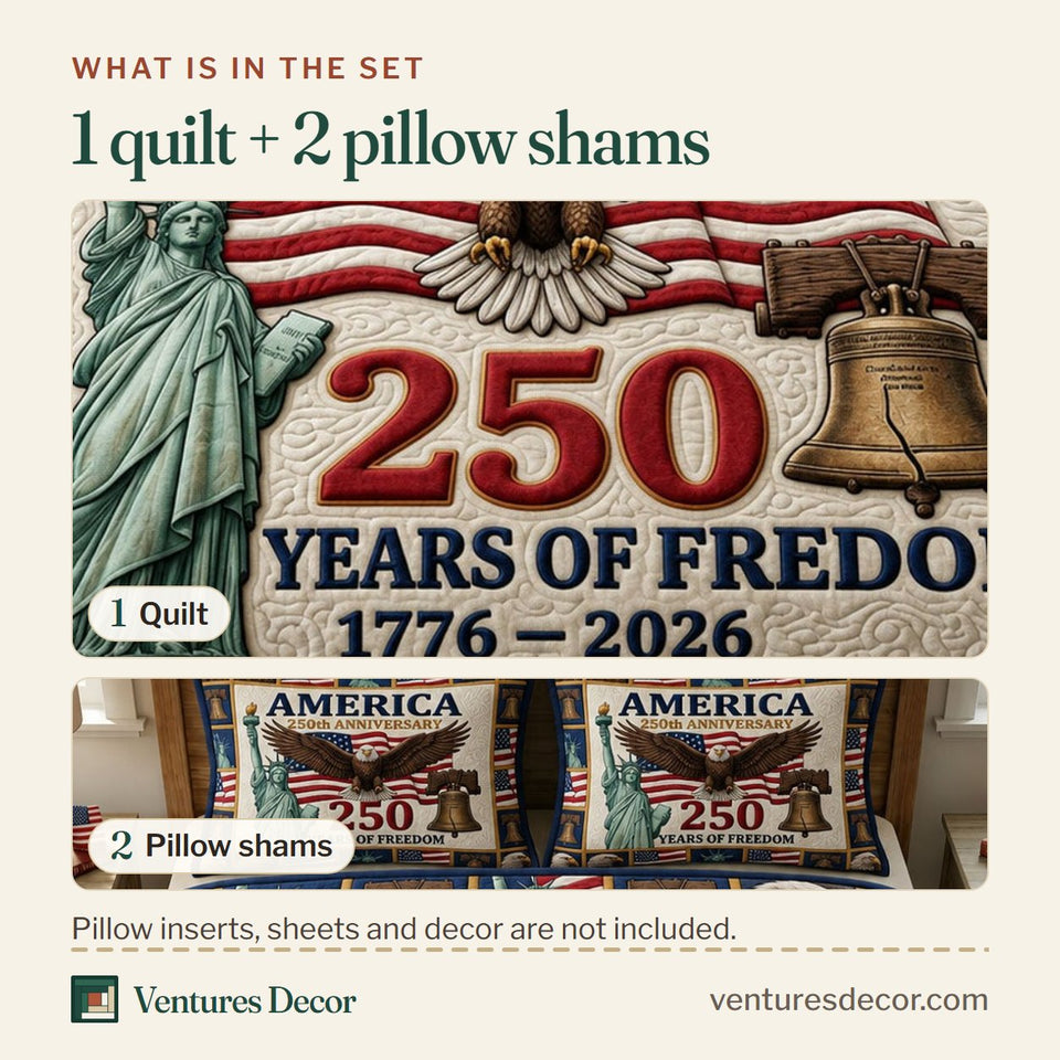 What is in the set: one quilt and two pillow shams, shown in the Liberty Bell Anniversary Eagle design