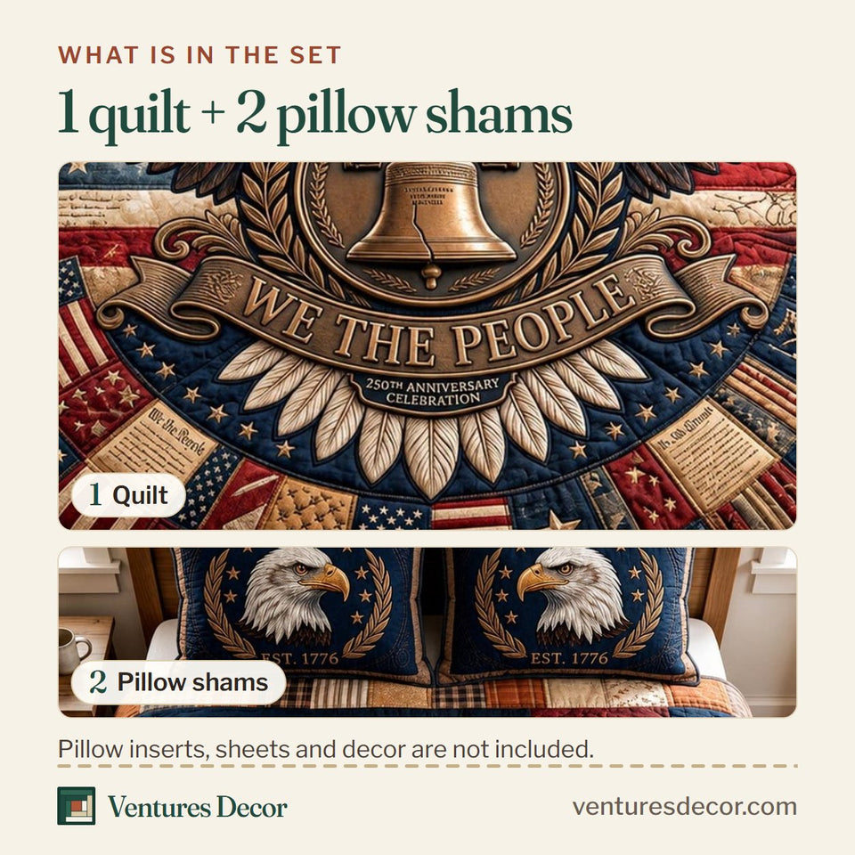 What is in the set: one quilt and two pillow shams, shown in the Liberty Bell Eagle Wingspan design