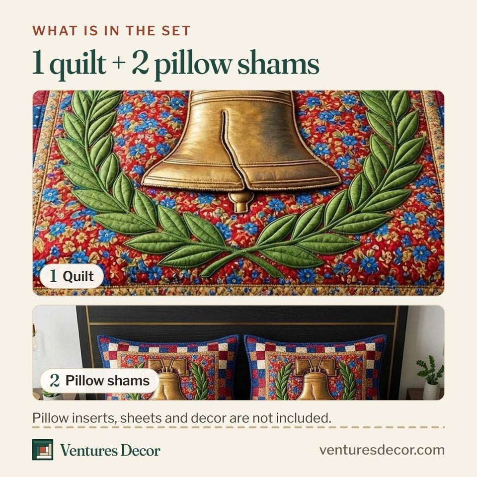What is in the set: one quilt and two pillow shams, shown in the Liberty Bell Laurel Wreath on Patchwork design