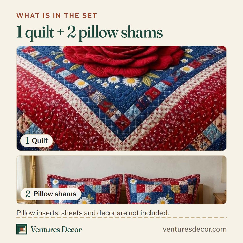 What is in the set: one quilt and two pillow shams, shown in the Liberty Blossom Red Rose on Blue Diamonds design