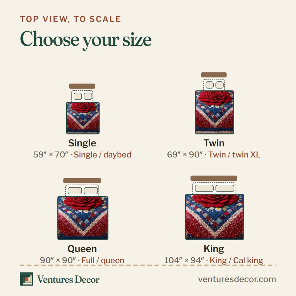 Size guide for the Liberty Blossom Red Rose on Blue Diamonds quilt, top view to scale: Single 59 x 70 in, Twin 69 x 90 in, Queen 90 x 90 in, King 104 x 94 in