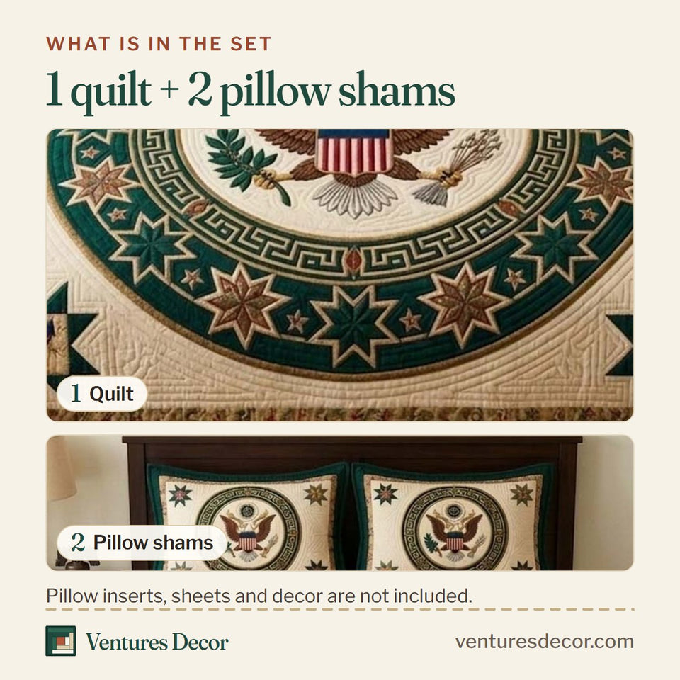 What is in the set: one quilt and two pillow shams, shown in the Liberty Circle Crest Anniversary design