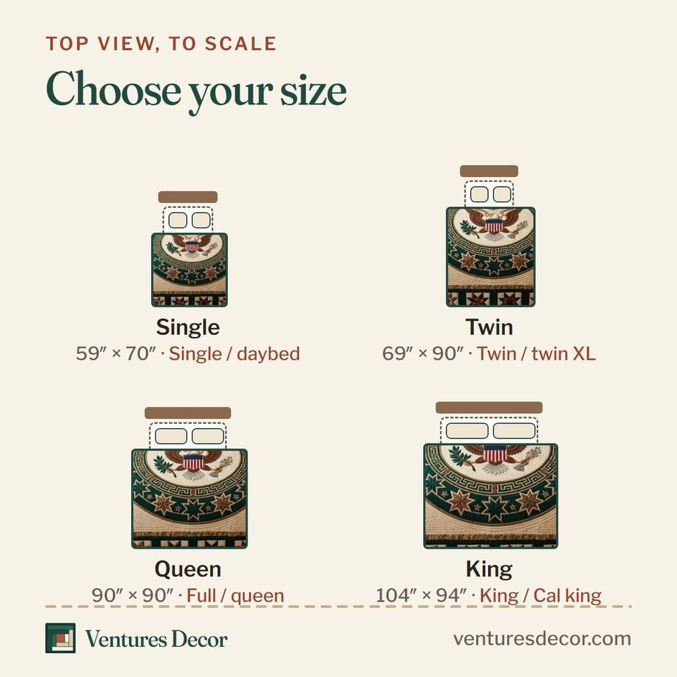 Size guide for the Liberty Circle Crest Anniversary quilt, top view to scale: Single 59 x 70 in, Twin 69 x 90 in, Queen 90 x 90 in, King 104 x 94 in