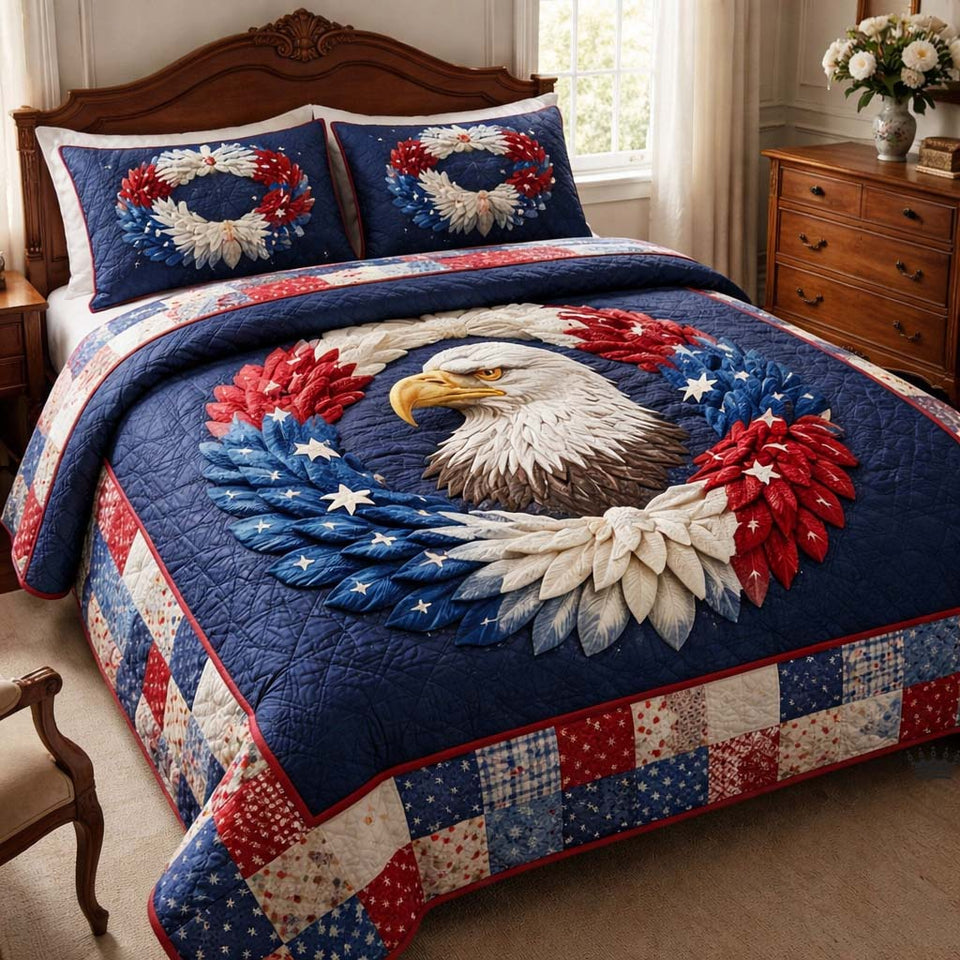 Liberty Colors Eagle in a Feather Fan quilted bedding set, quilt and two pillow shams on a made bed