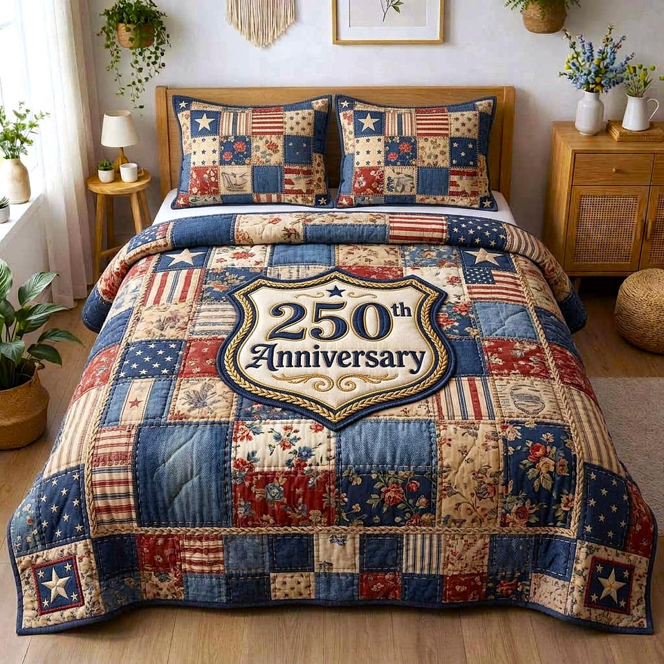 Liberty Colors Shield Badge on Squares quilted bedding set, quilt and two pillow shams on a made bed