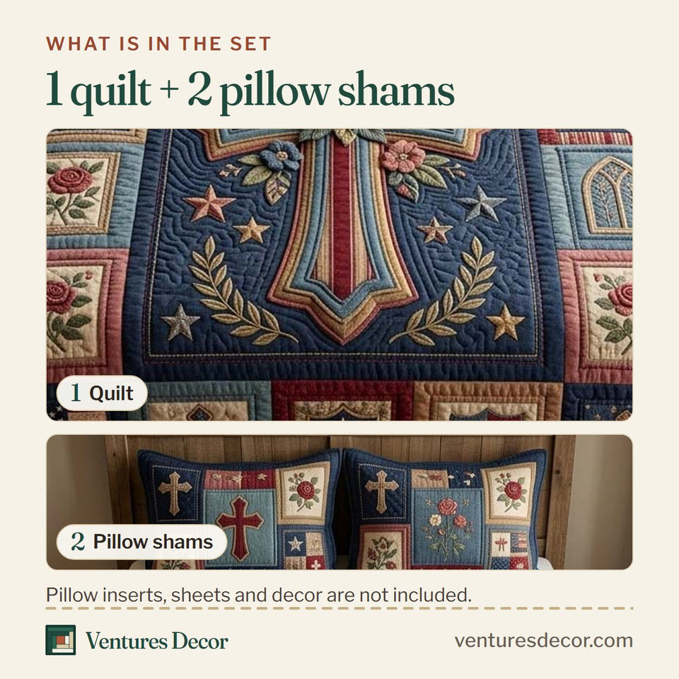 What is in the set: one quilt and two pillow shams, shown in the Liberty Cross design