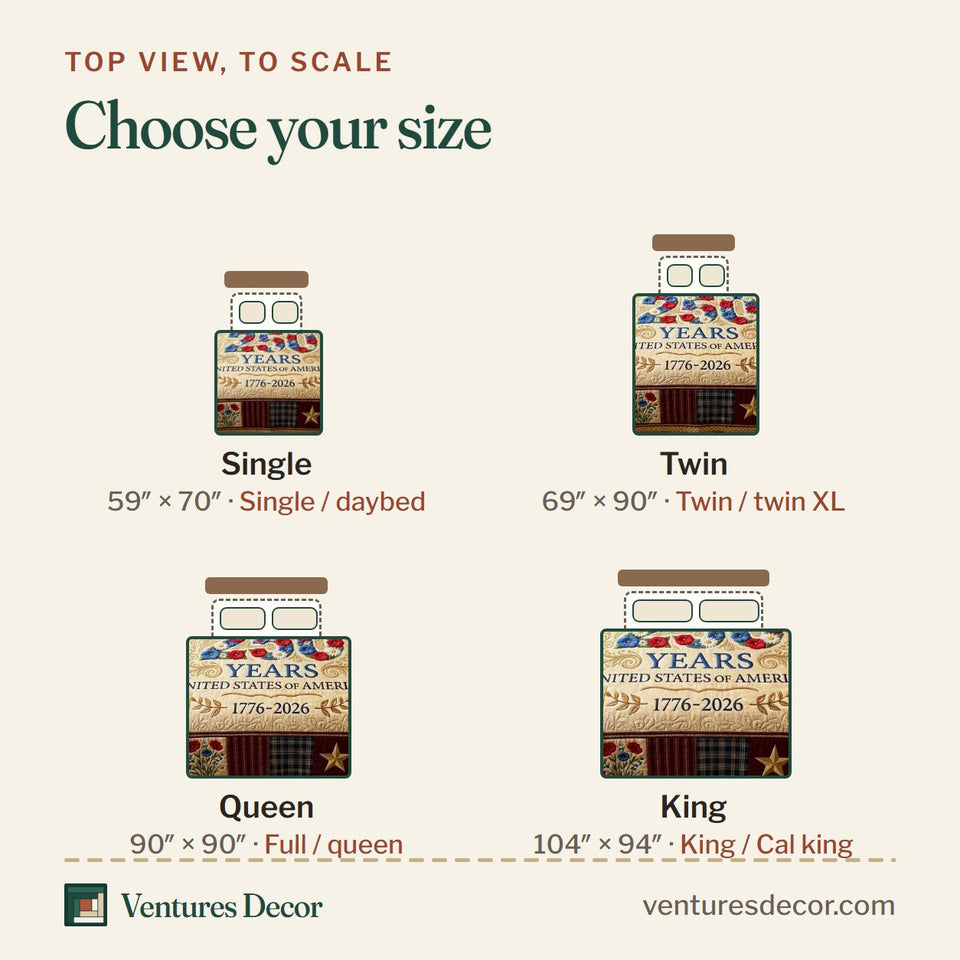 Size guide for the Liberty Eagle Cream Wreath Numerals quilt, top view to scale: Single 59 x 70 in, Twin 69 x 90 in, Queen 90 x 90 in, King 104 x 94 in