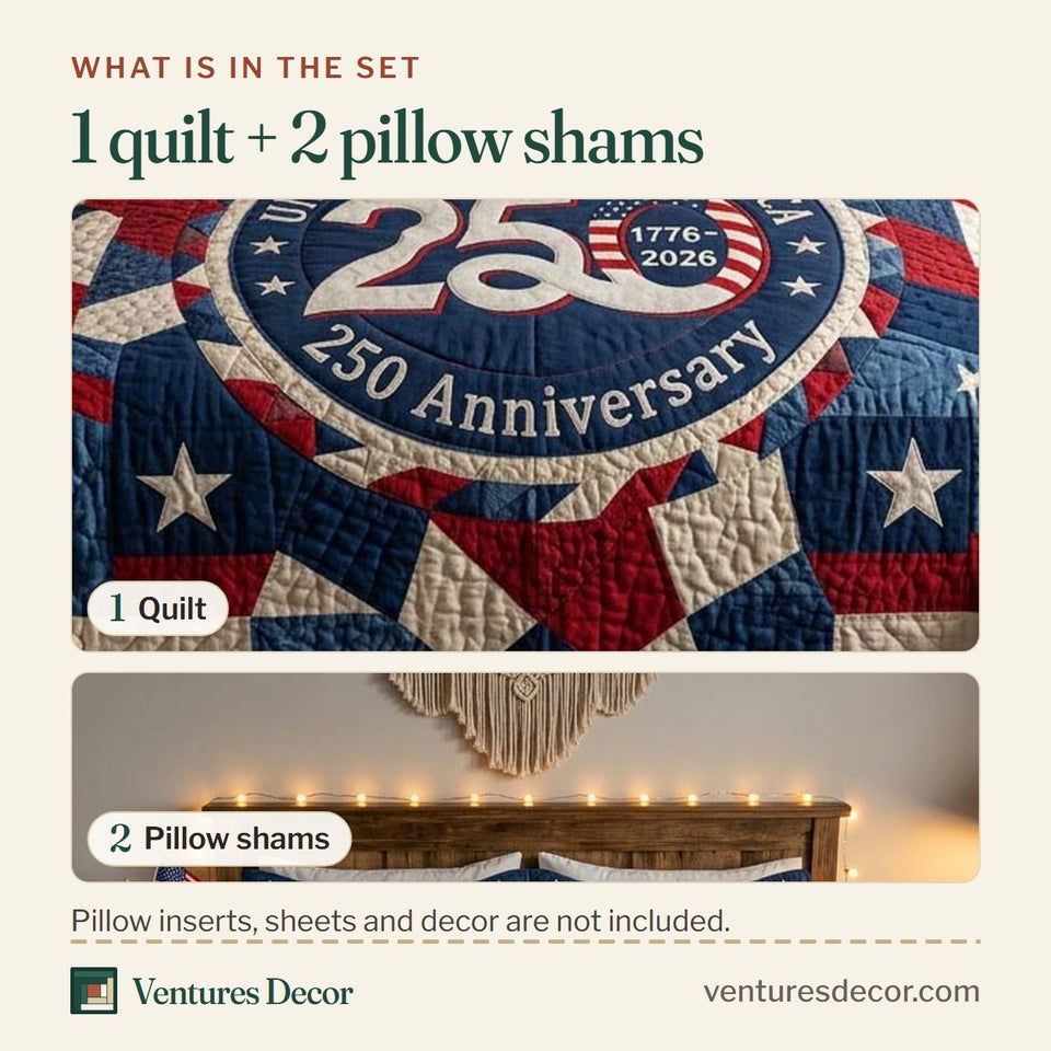 What is in the set: one quilt and two pillow shams, shown in the Liberty Emblem design