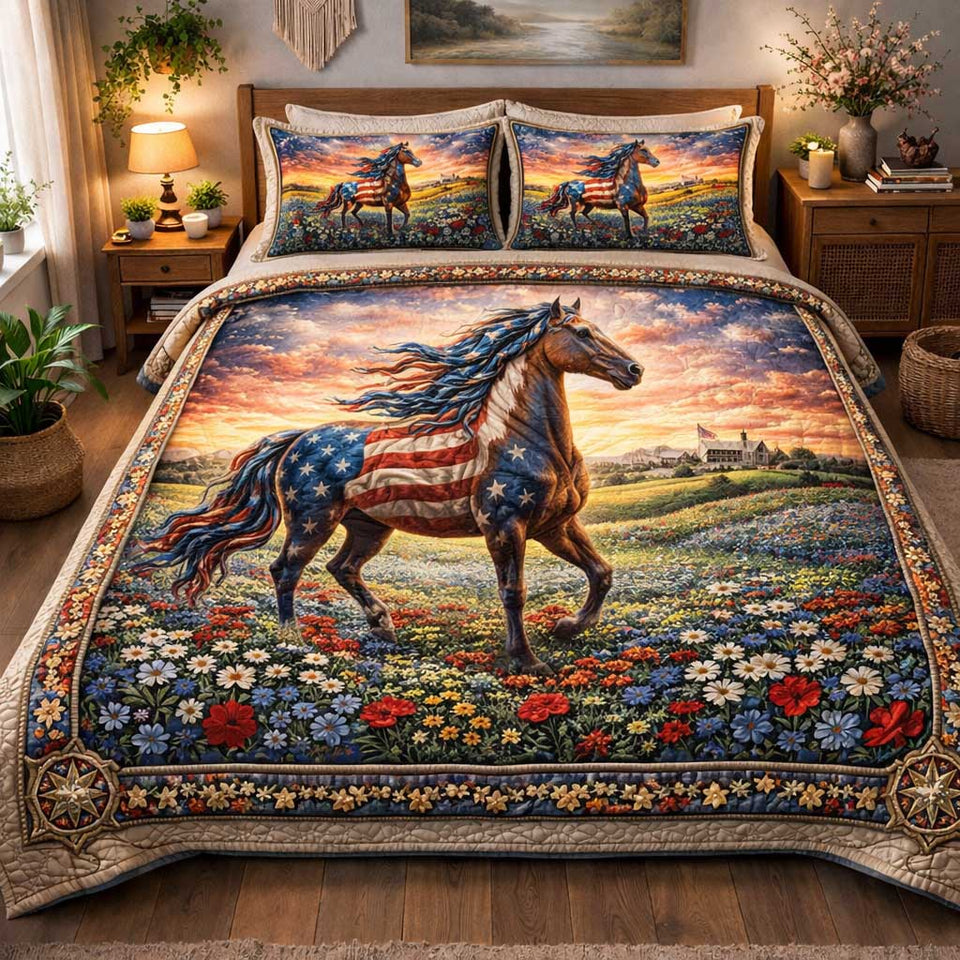 Liberty Horse Gallop quilted bedding set, quilt and two pillow shams on a made bed