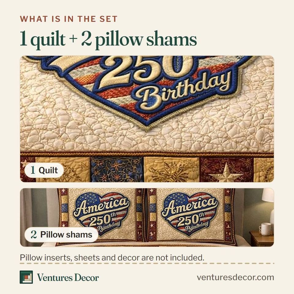 What is in the set: one quilt and two pillow shams, shown in the Liberty Legacy Cream Badge Birthday design