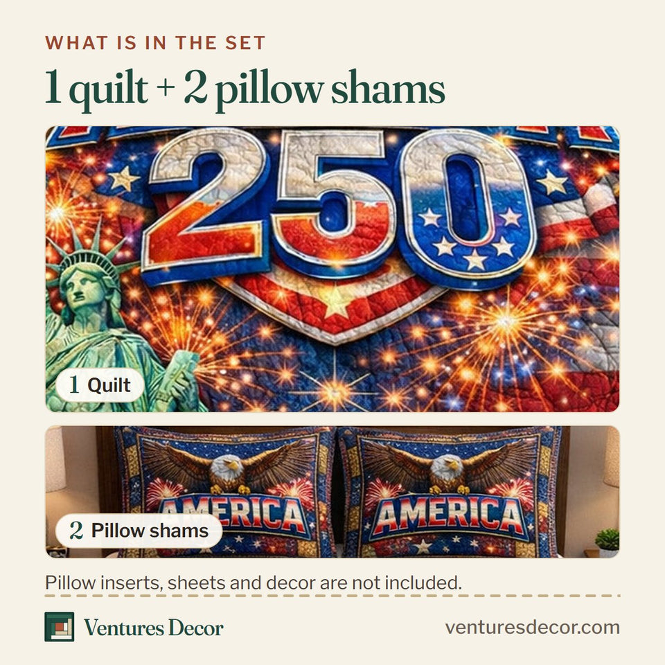 What is in the set: one quilt and two pillow shams, shown in the Liberty Legacy Firework Bold Numerals design
