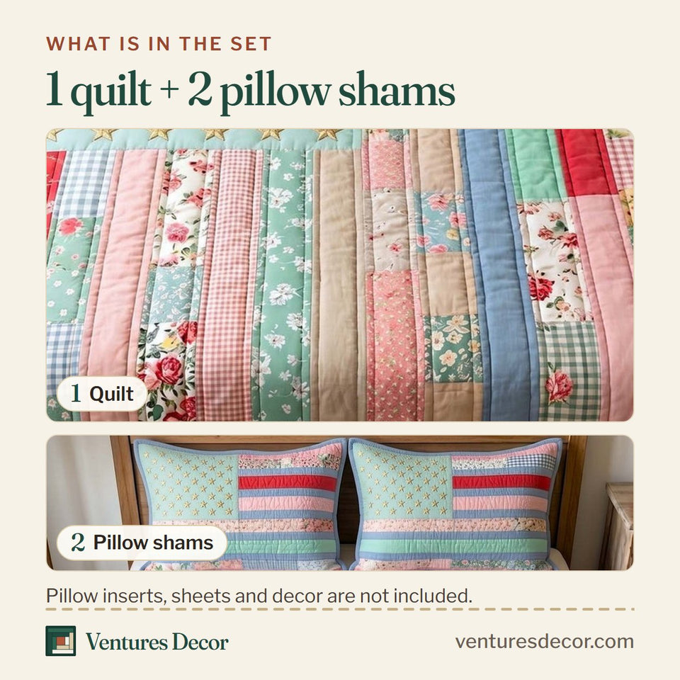 What is in the set: one quilt and two pillow shams, shown in the Liberty Legacy Pastel Strip Flag design