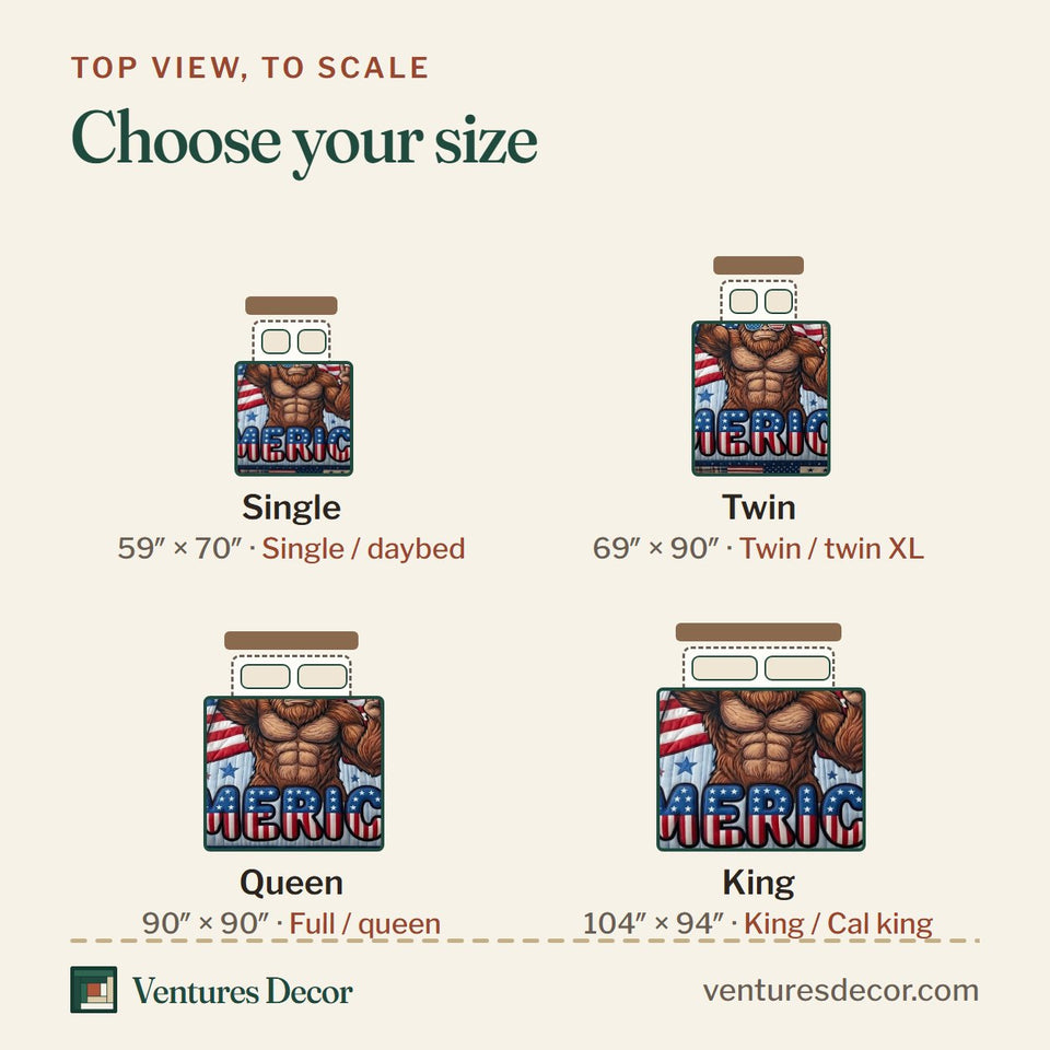 Size guide for the Liberty Legend Flexing Sasquatch And Fireworks quilt, top view to scale: Single 59 x 70 in, Twin 69 x 90 in, Queen 90 x 90 in, King 104 x 94 in