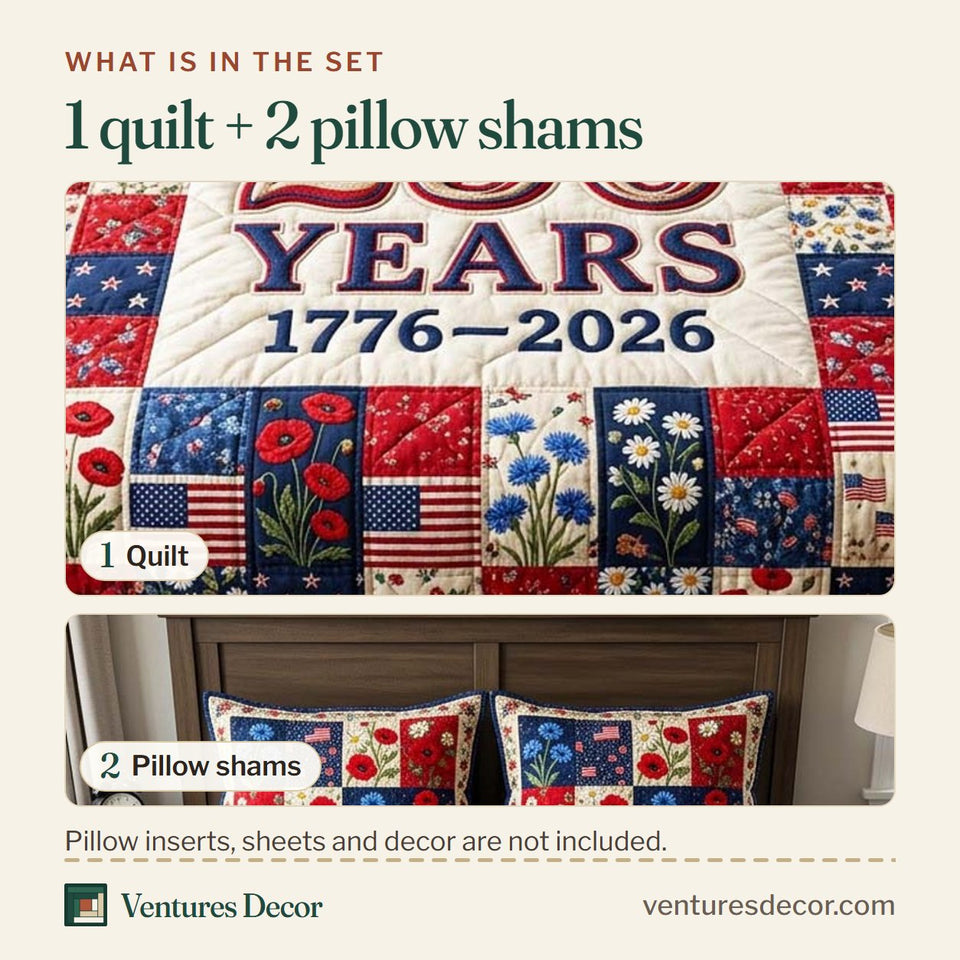 What is in the set: one quilt and two pillow shams, shown in the Liberty Patch Calico Block Numerals design