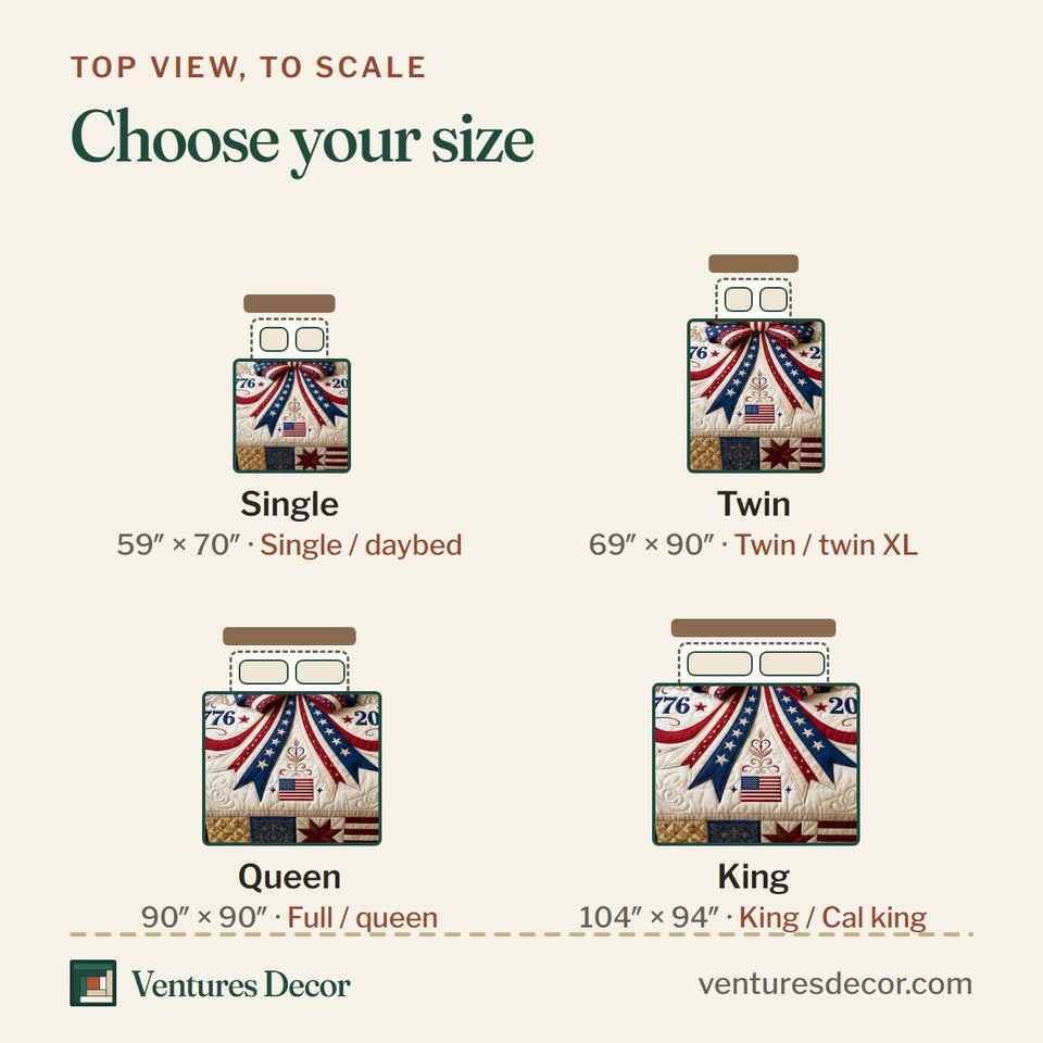 Size guide for the Liberty Ribbon quilt, top view to scale: Single 59 x 70 in, Twin 69 x 90 in, Queen 90 x 90 in, King 104 x 94 in
