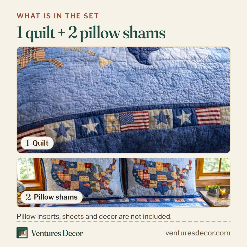What is in the set: one quilt and two pillow shams, shown in the Liberty Tones Patchwork Map on Denim design