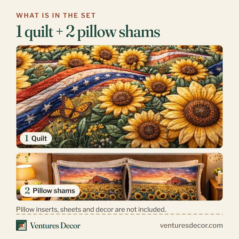 What is in the set: one quilt and two pillow shams, shown in the Liberty Tones Sunflowers and the Flag Ribbon design