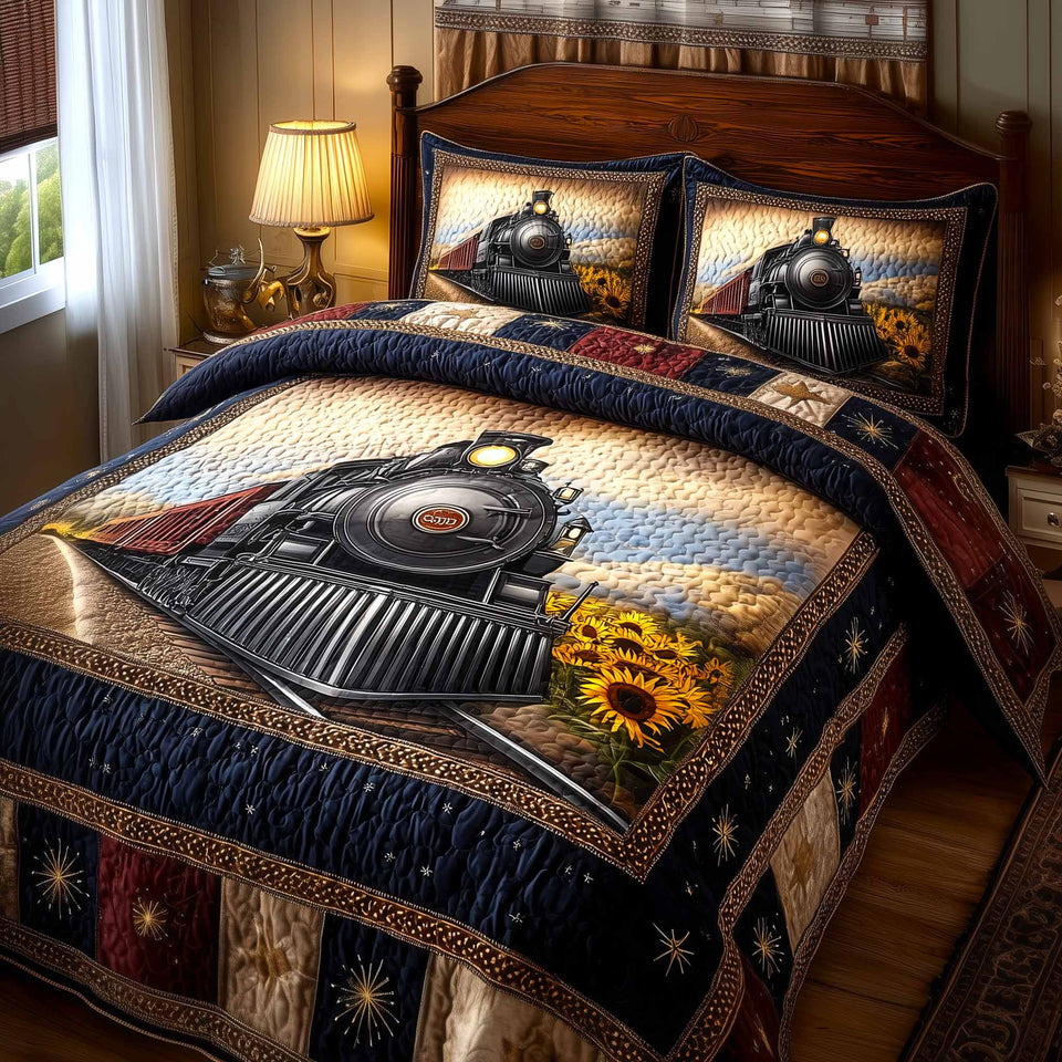 Liberty Train quilted bedding set, quilt and two pillow shams on a made bed