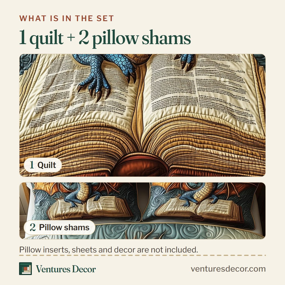 What is in the set: one quilt and two pillow shams, shown in the Library Dragon Bronze Wings Open Book design