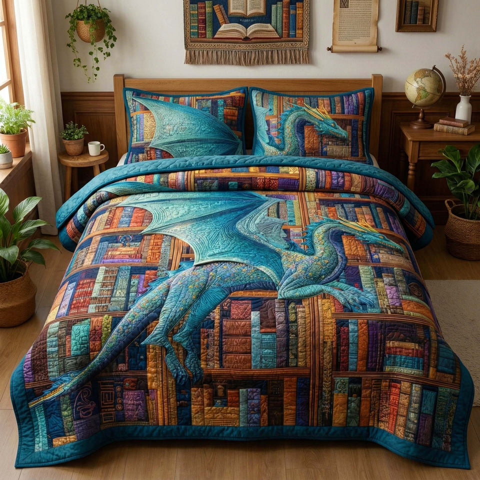 Library Dragon Teal Wings Bookshelf quilted bedding set, quilt and two pillow shams on a made bed