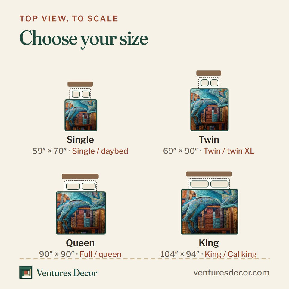 Size guide for the Library Dragon Teal Wings Bookshelf quilt, top view to scale: Single 59 x 70 in, Twin 69 x 90 in, Queen 90 x 90 in, King 104 x 94 in