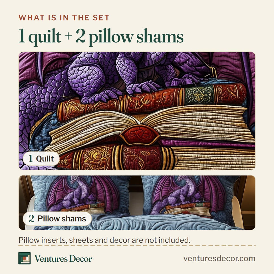 What is in the set: one quilt and two pillow shams, shown in the Library Dragon Violet Coils On Books design