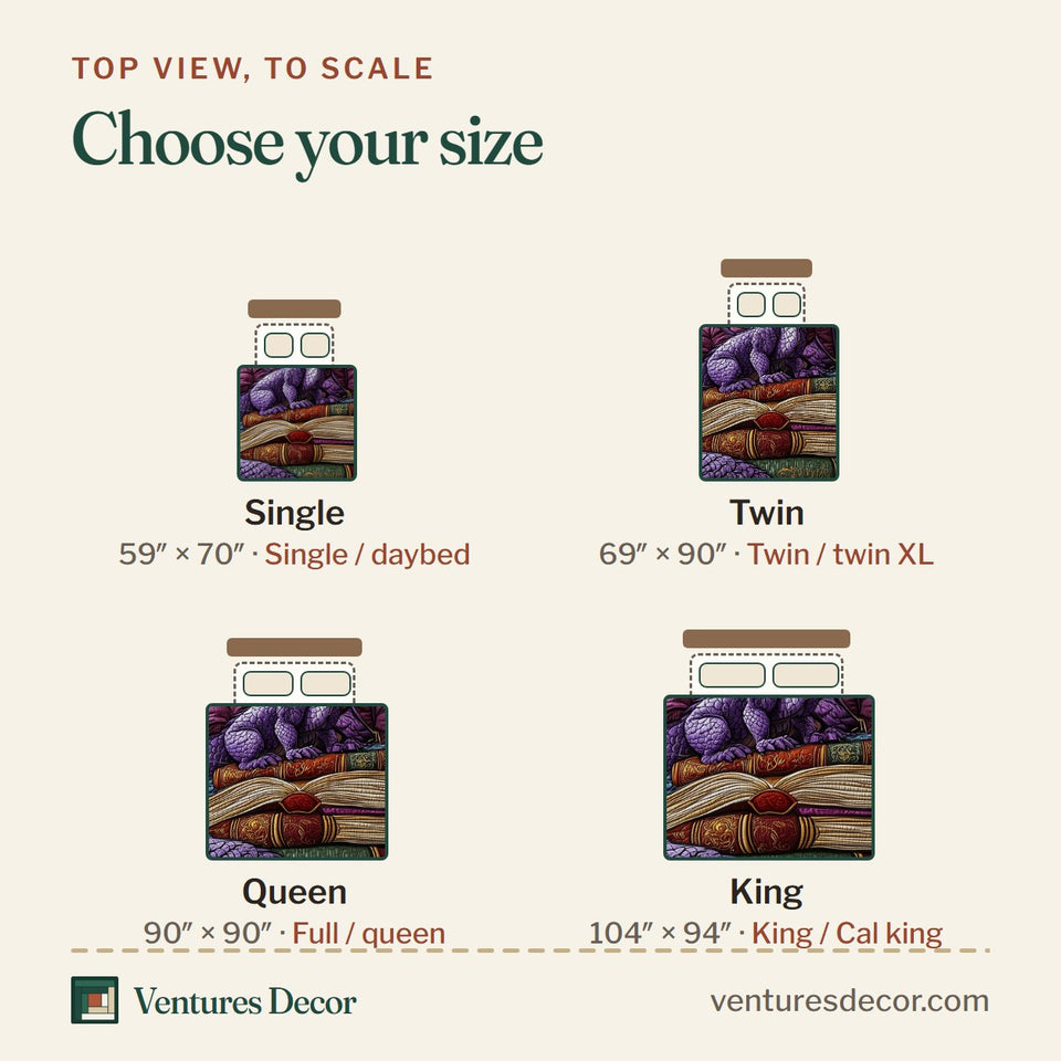 Size guide for the Library Dragon Violet Coils On Books quilt, top view to scale: Single 59 x 70 in, Twin 69 x 90 in, Queen 90 x 90 in, King 104 x 94 in