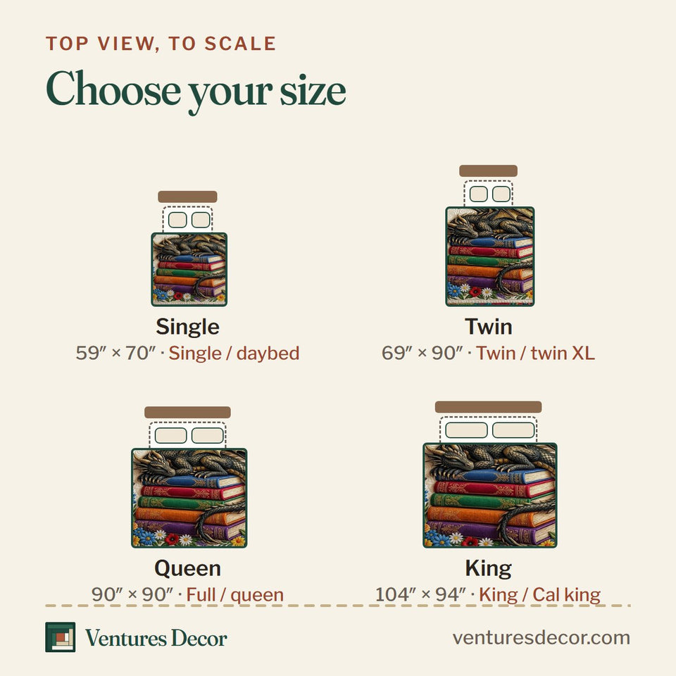 Size guide for the Library Nook Dragon On A Book Stack quilt, top view to scale: Single 59 x 70 in, Twin 69 x 90 in, Queen 90 x 90 in, King 104 x 94 in