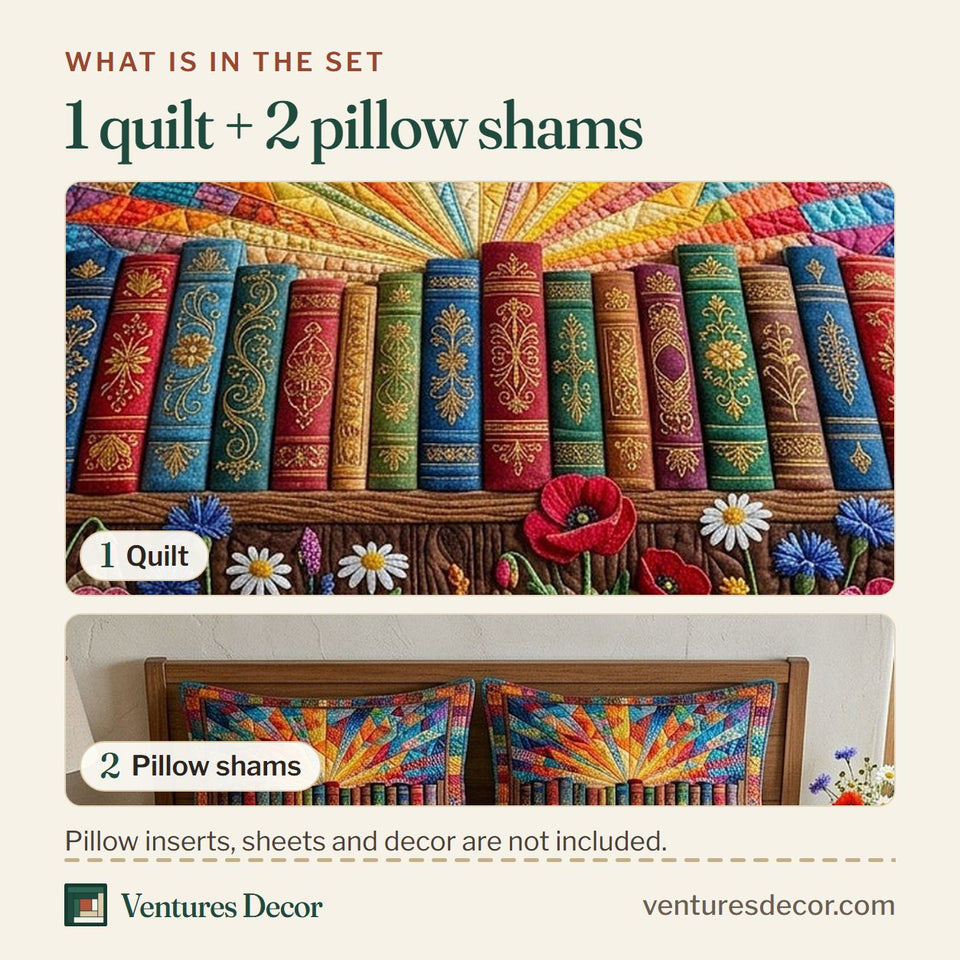 What is in the set: one quilt and two pillow shams, shown in the Library Nook Sunburst Over Bloom Bed design