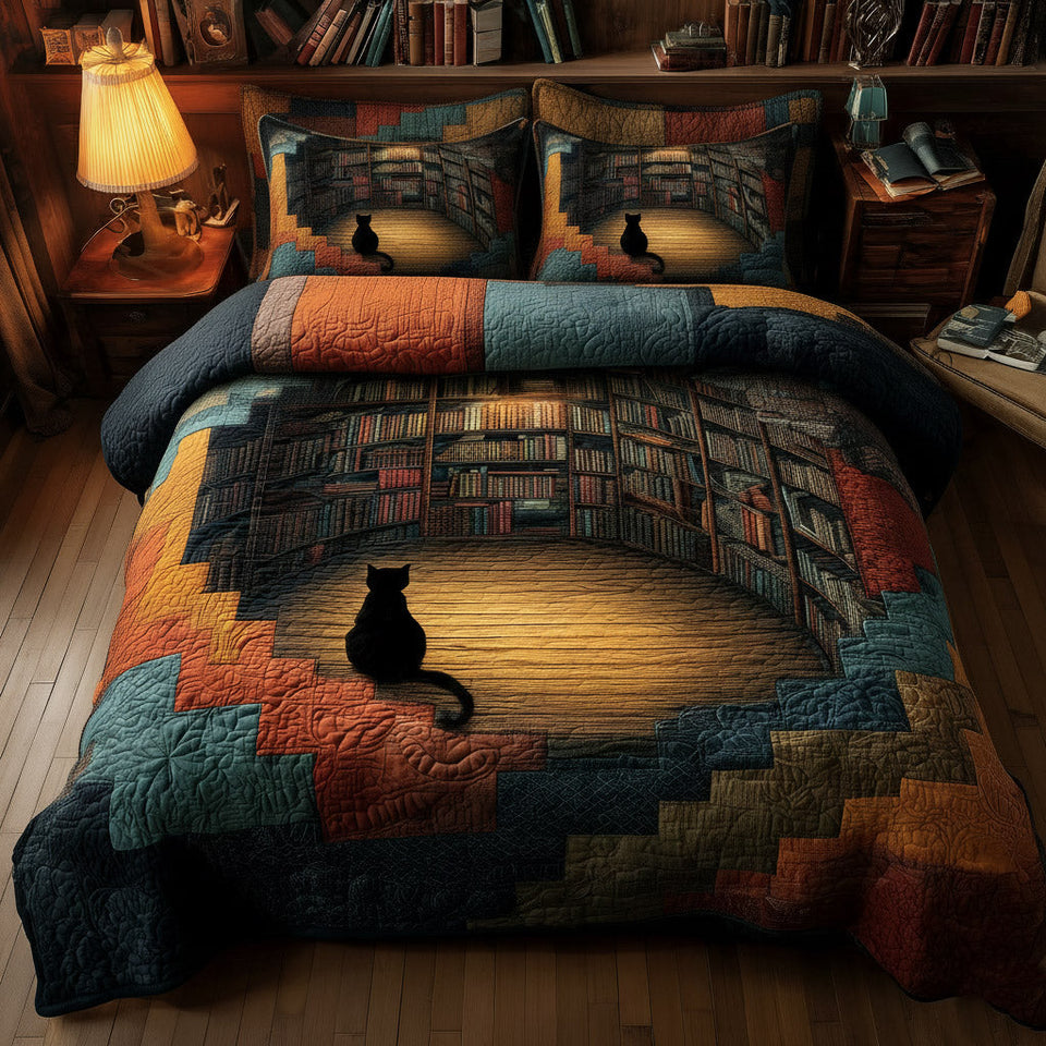 Library Steps Black Cat quilted bedding set, quilt and two pillow shams on a made bed