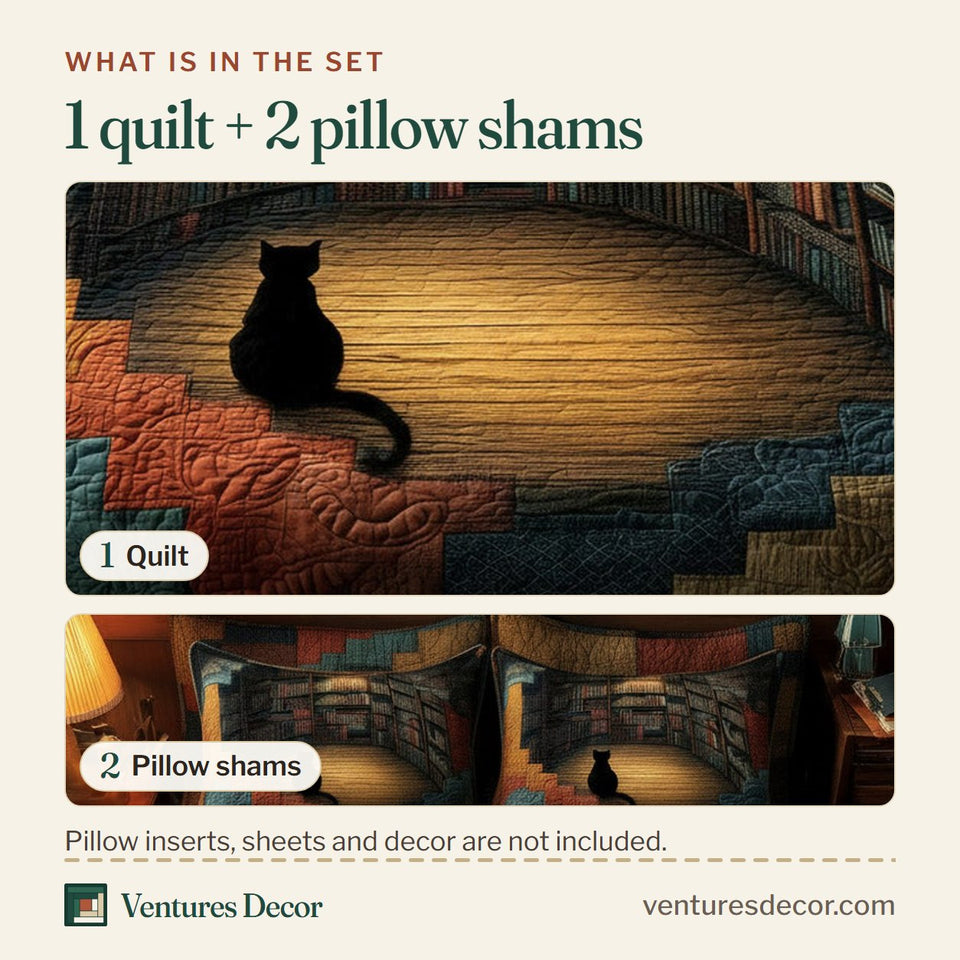 What is in the set: one quilt and two pillow shams, shown in the Library Steps Black Cat design
