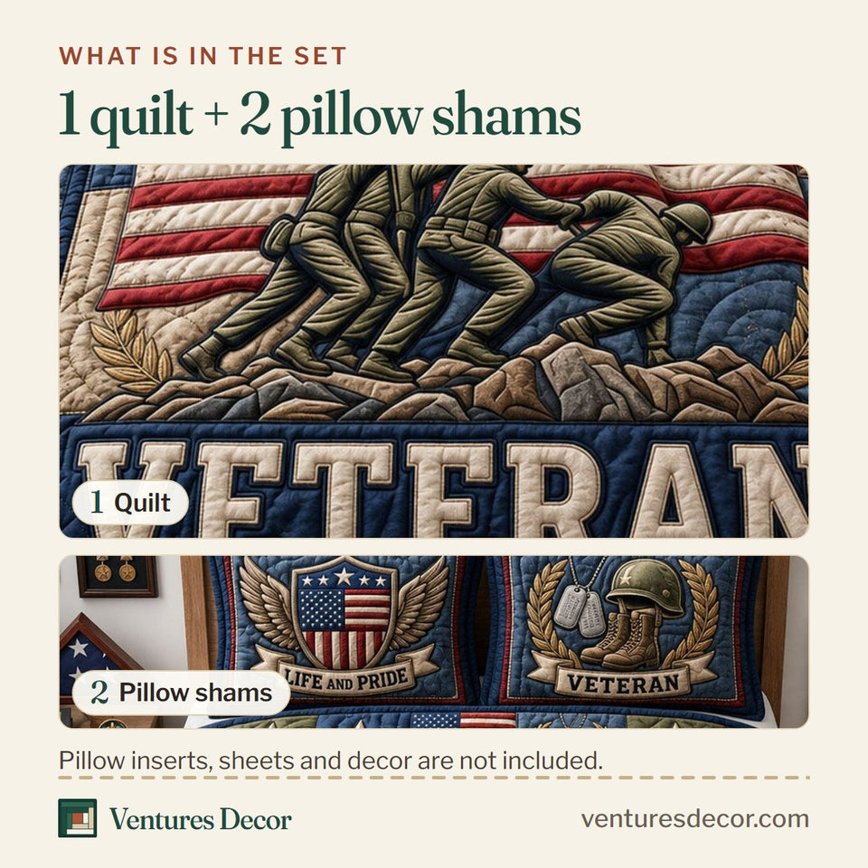 What is in the set: one quilt and two pillow shams, shown in the Life And Pride design