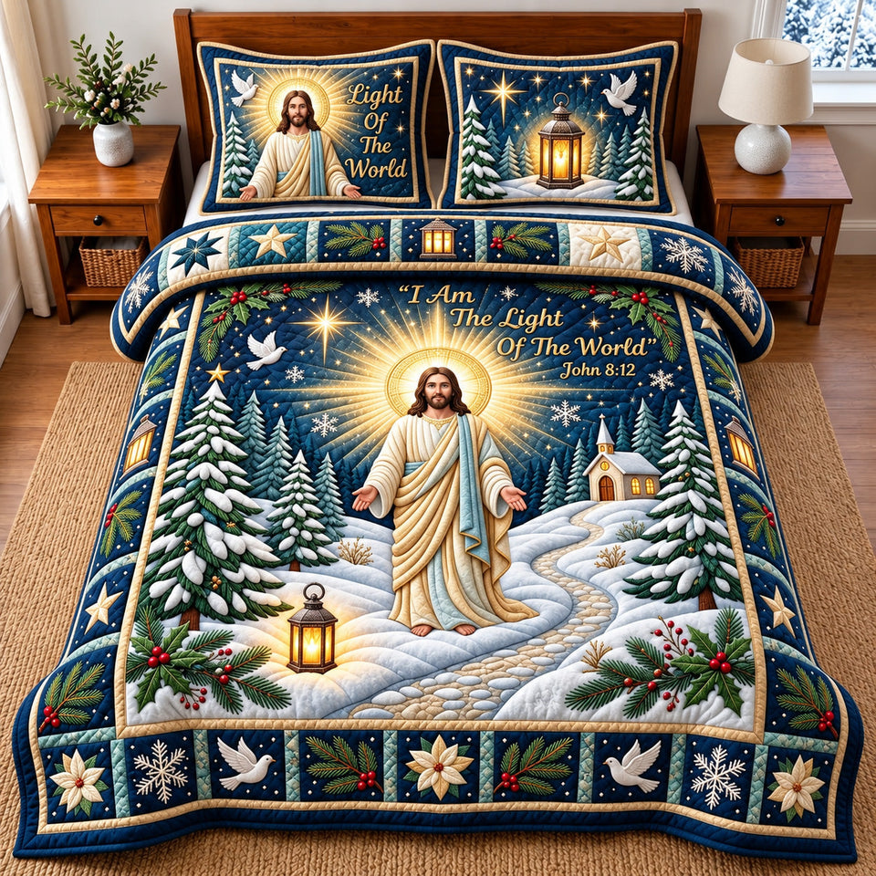 Light Of World quilted bedding set, quilt and two pillow shams on a made bed
