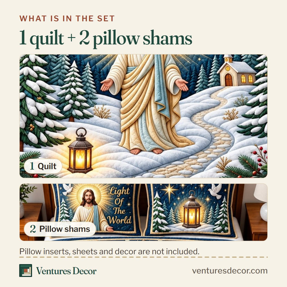 What is in the set: one quilt and two pillow shams, shown in the Light Of World Quilt Set, 3-Piece Quilted Bedding with 2 Pillow Shams design