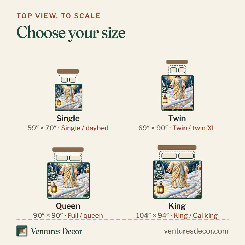 Size guide for the Light Of World Quilt Set, 3-Piece Quilted Bedding with 2 Pillow Shams quilt, top view to scale: Single 59 x 70 in, Twin 69 x 90 in, Queen 90 x 90 in, King 104 x 94 in