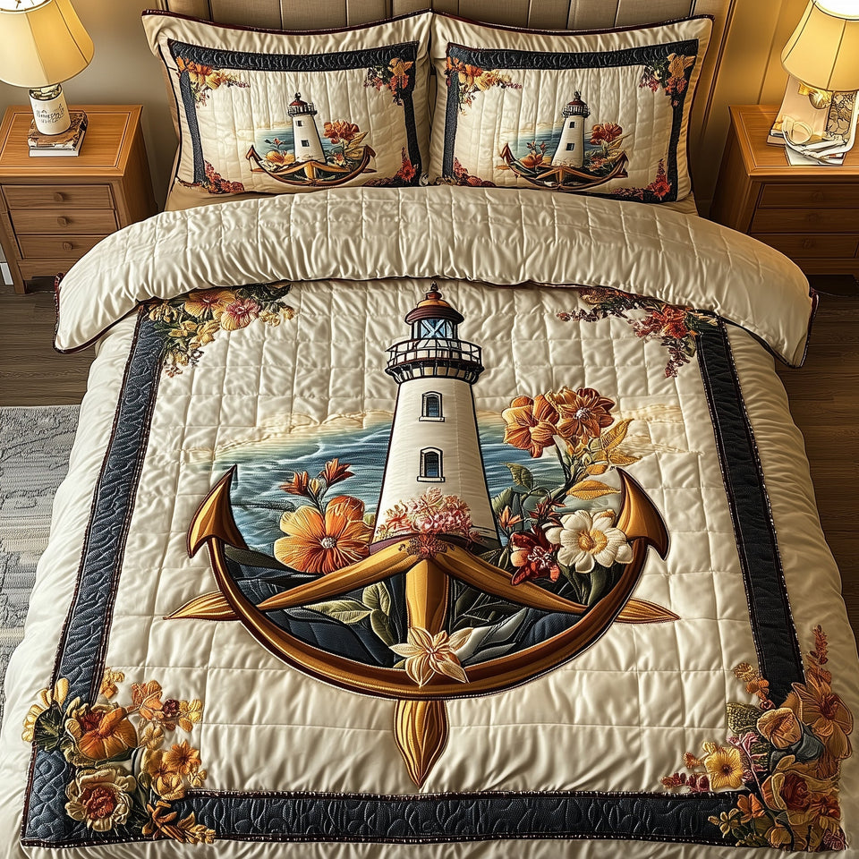Lighthouse Anchor Autumn Bloom Anchor quilted bedding set, quilt and two pillow shams on a made bed