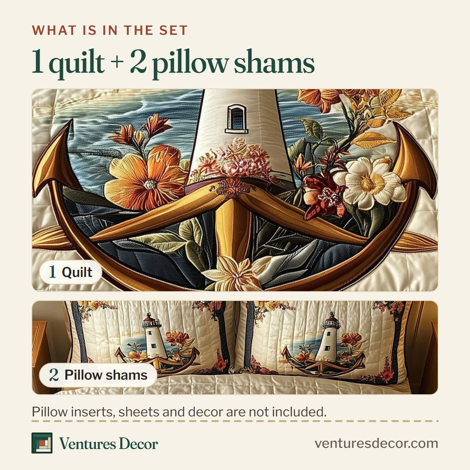 What is in the set: one quilt and two pillow shams, shown in the Lighthouse Anchor Autumn Bloom Anchor design