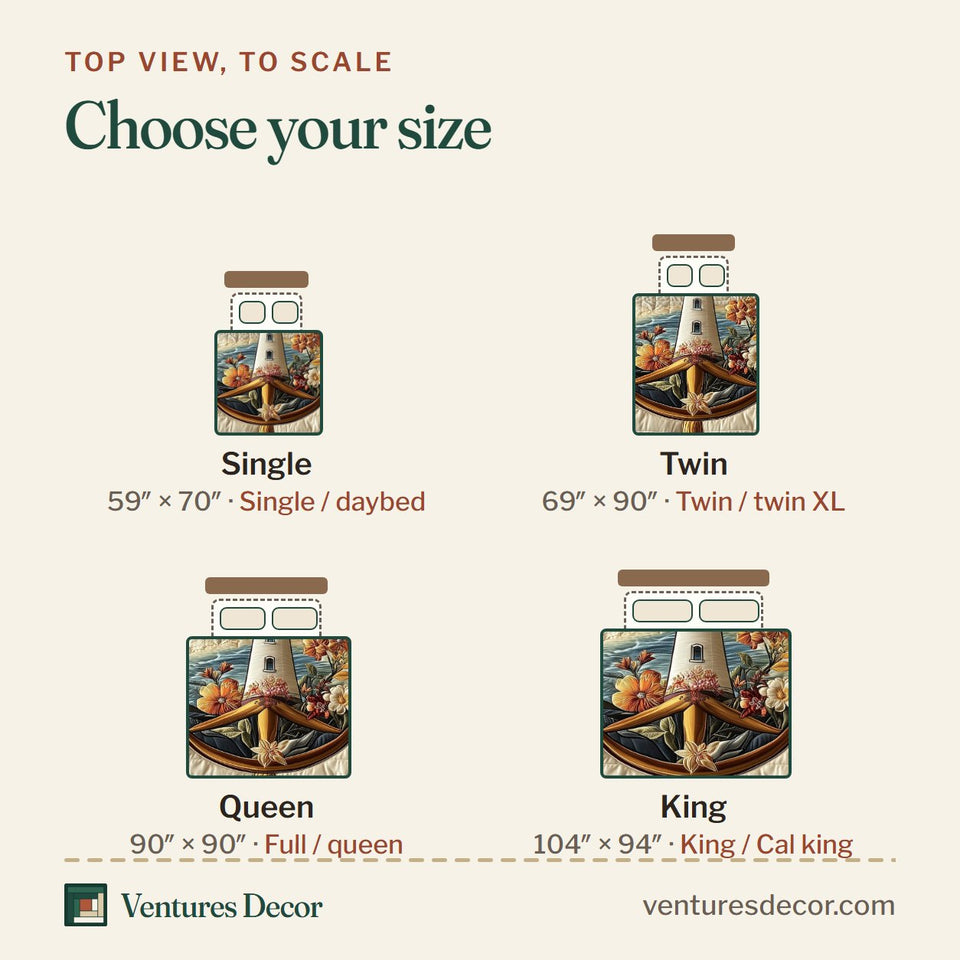 Size guide for the Lighthouse Anchor Autumn Bloom Anchor quilt, top view to scale: Single 59 x 70 in, Twin 69 x 90 in, Queen 90 x 90 in, King 104 x 94 in