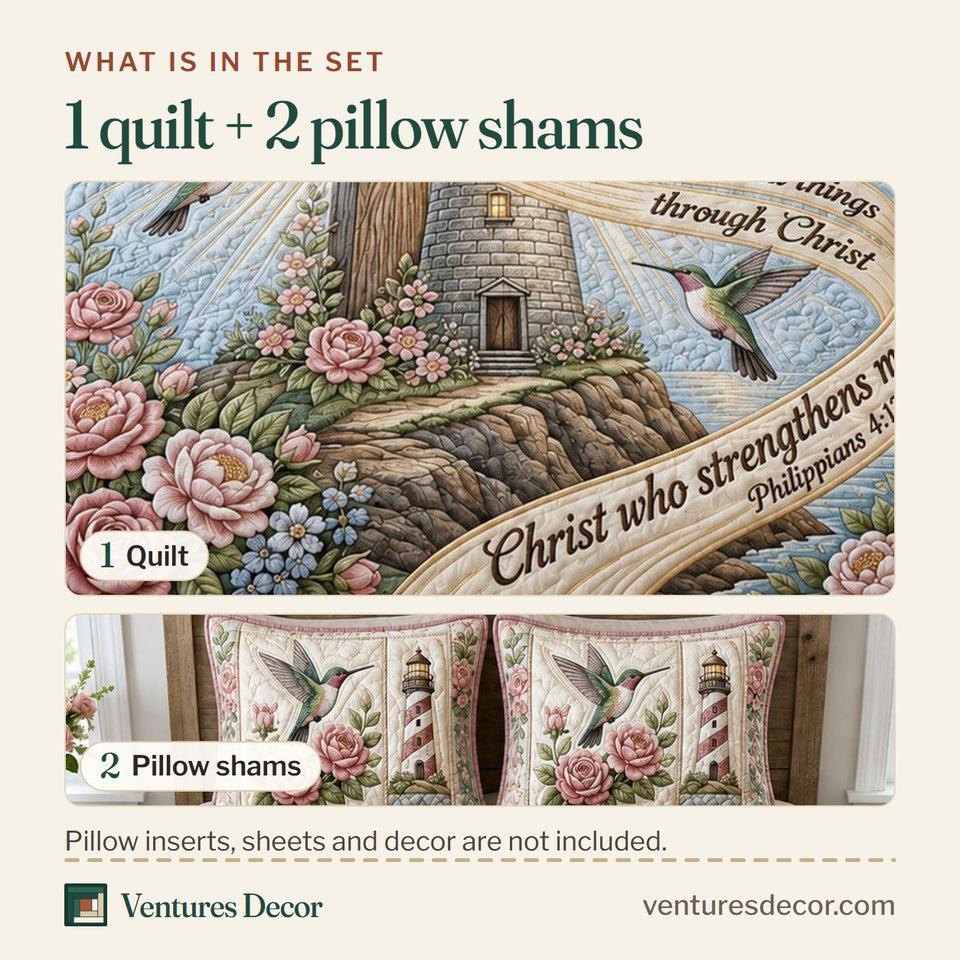 What is in the set: one quilt and two pillow shams, shown in the Lighthouse Cross design