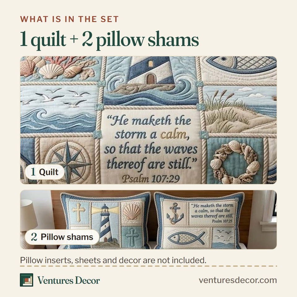 What is in the set: one quilt and two pillow shams, shown in the Lighthouse Psalm design