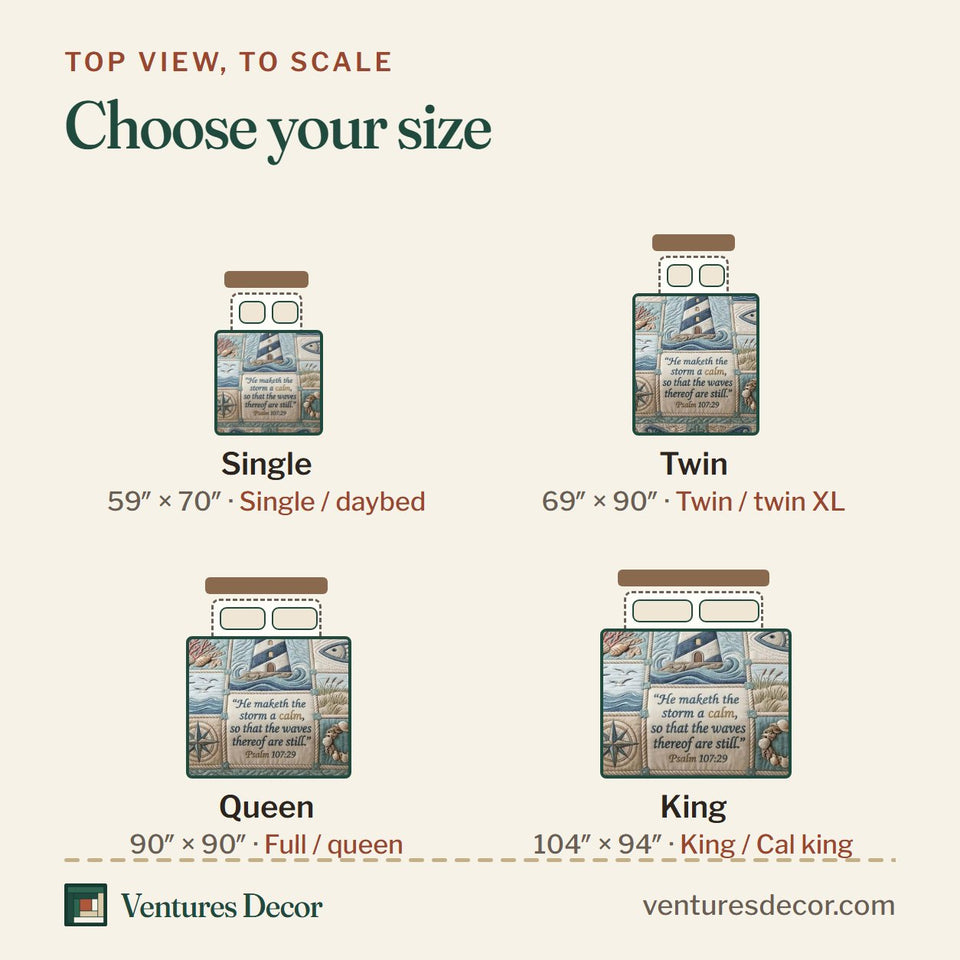 Size guide for the Lighthouse Psalm quilt, top view to scale: Single 59 x 70 in, Twin 69 x 90 in, Queen 90 x 90 in, King 104 x 94 in