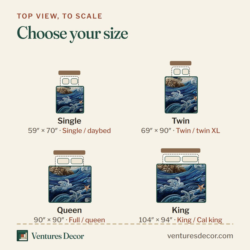 Size guide for the Lighthouse Rolling Wave Watch quilt, top view to scale: Single 59 x 70 in, Twin 69 x 90 in, Queen 90 x 90 in, King 104 x 94 in