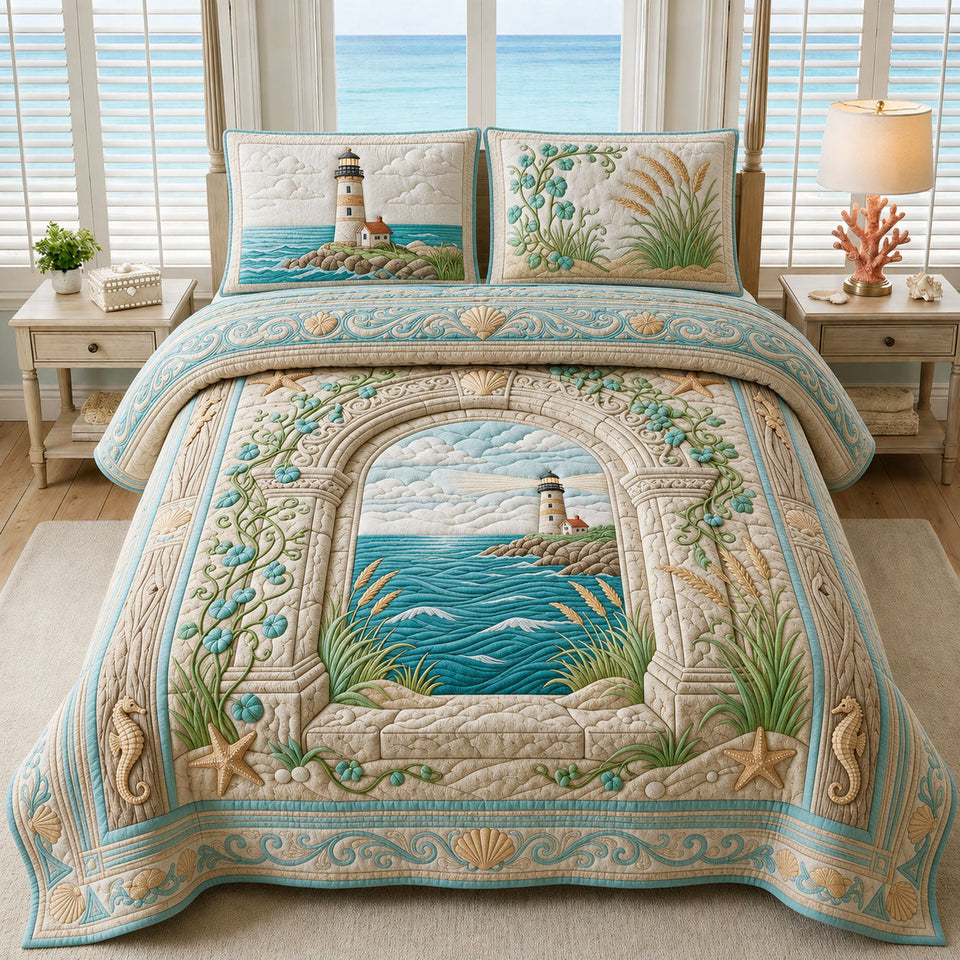 Lighthouse Through The Arch quilted bedding set, quilt and two pillow shams on a made bed