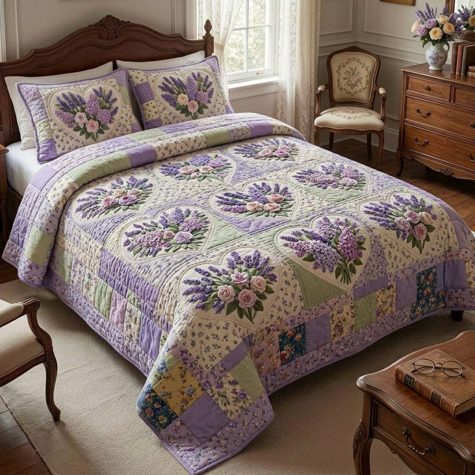 Lilac Garden Quilt quilted bedding set, quilt and two pillow shams on a made bed
