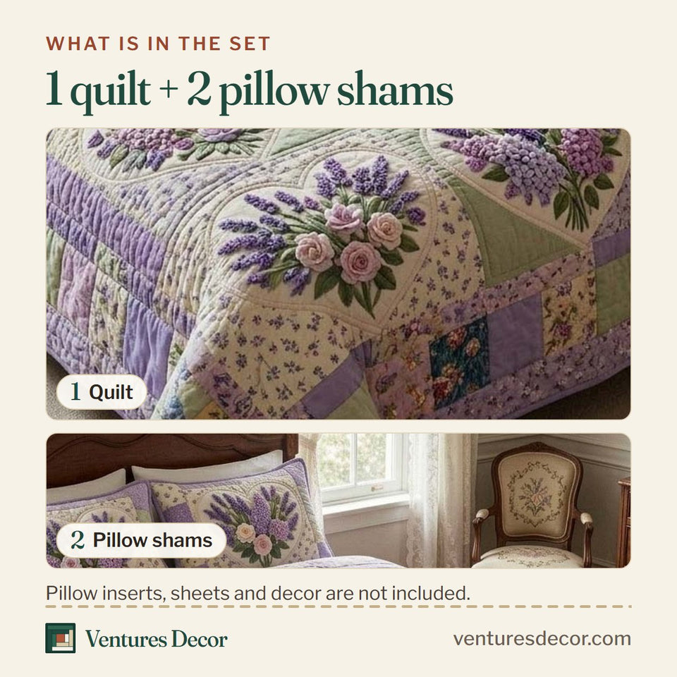 What is in the set: one quilt and two pillow shams, shown in the Lilac Garden Quilt design