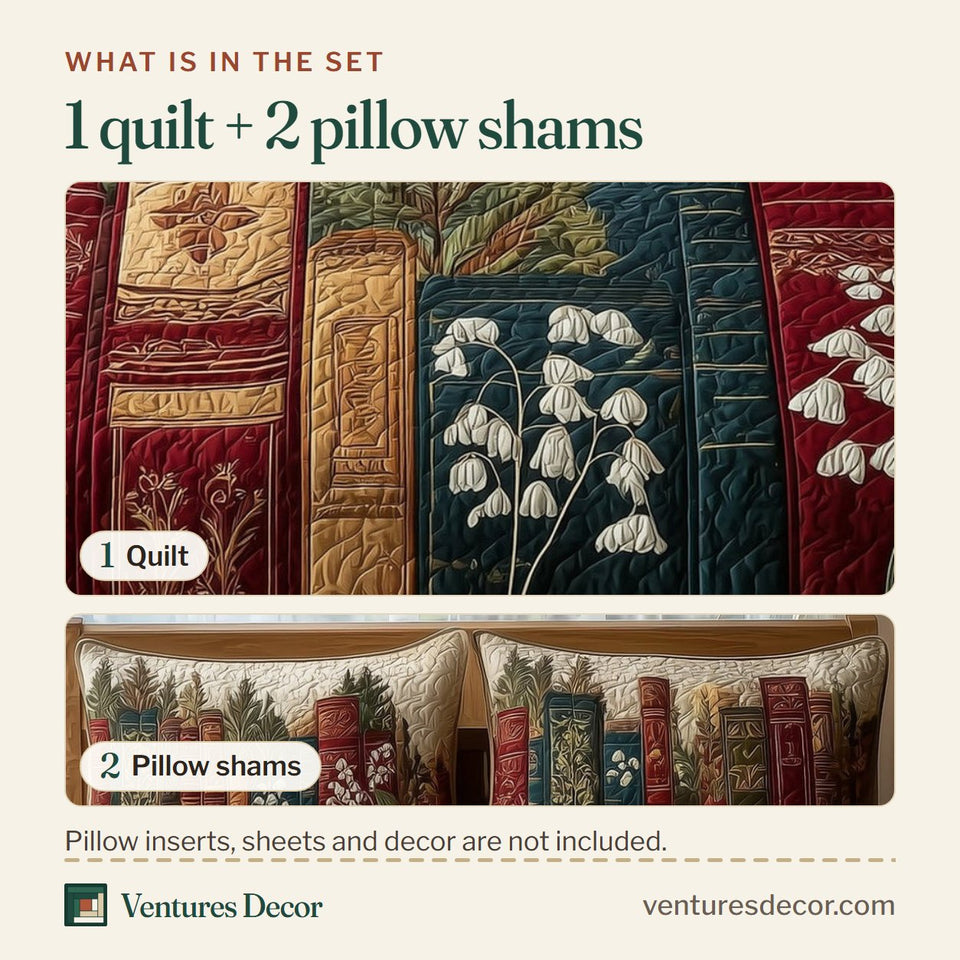 What is in the set: one quilt and two pillow shams, shown in the Lily Bookshelf Row design
