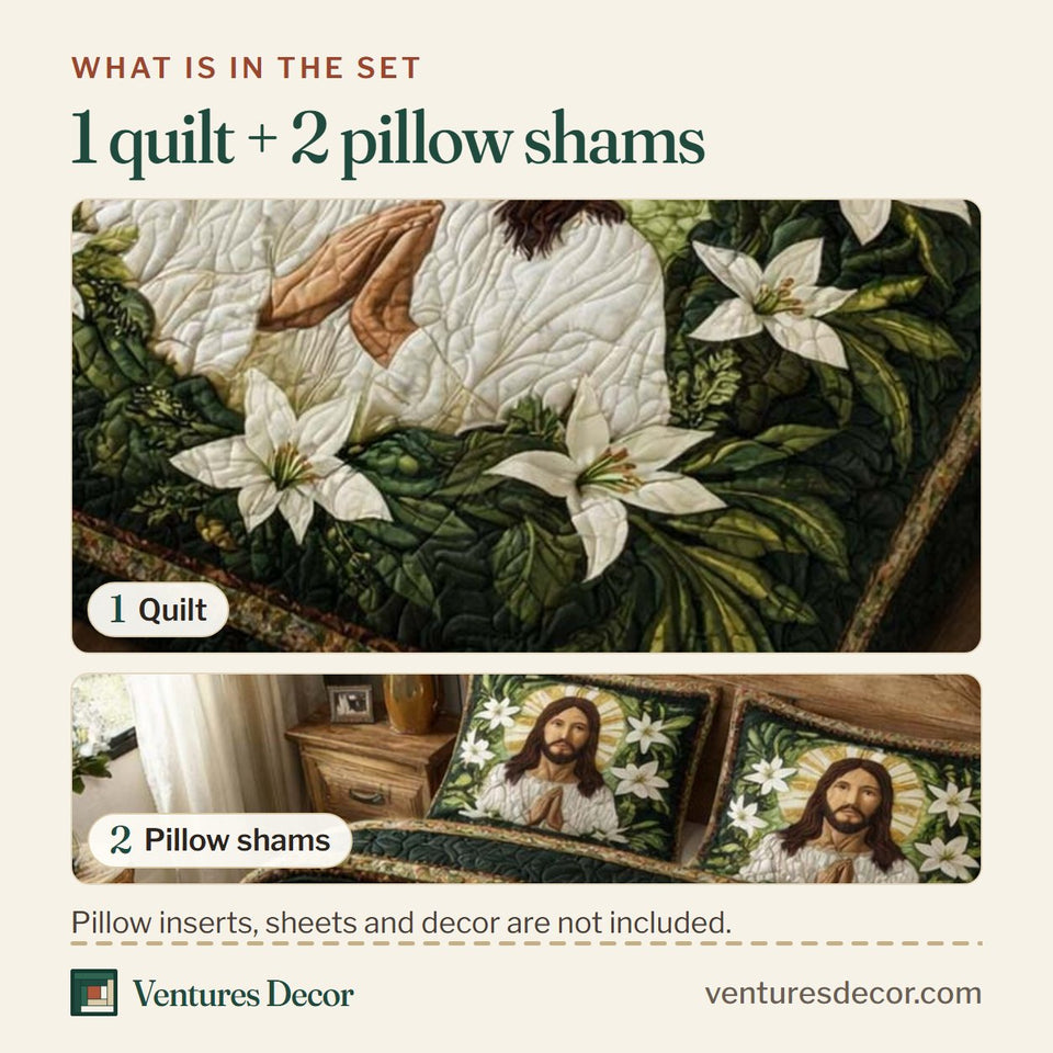 What is in the set: one quilt and two pillow shams, shown in the Lily Halo design