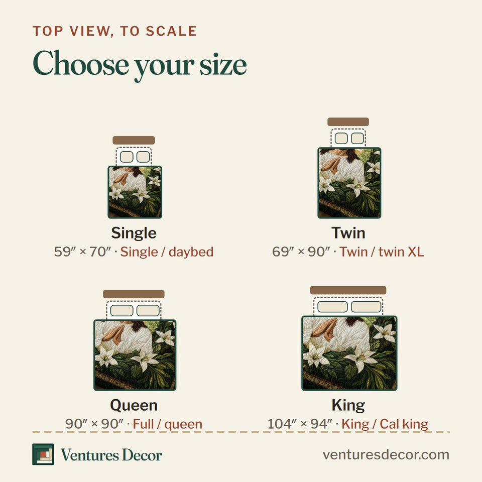 Size guide for the Lily Halo quilt, top view to scale: Single 59 x 70 in, Twin 69 x 90 in, Queen 90 x 90 in, King 104 x 94 in