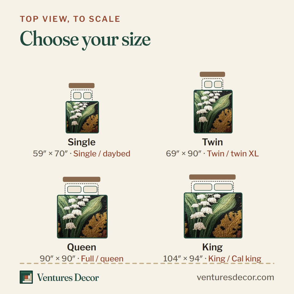 Size guide for the Lily Of The Valley Autumn Forest Night quilt, top view to scale: Single 59 x 70 in, Twin 69 x 90 in, Queen 90 x 90 in, King 104 x 94 in